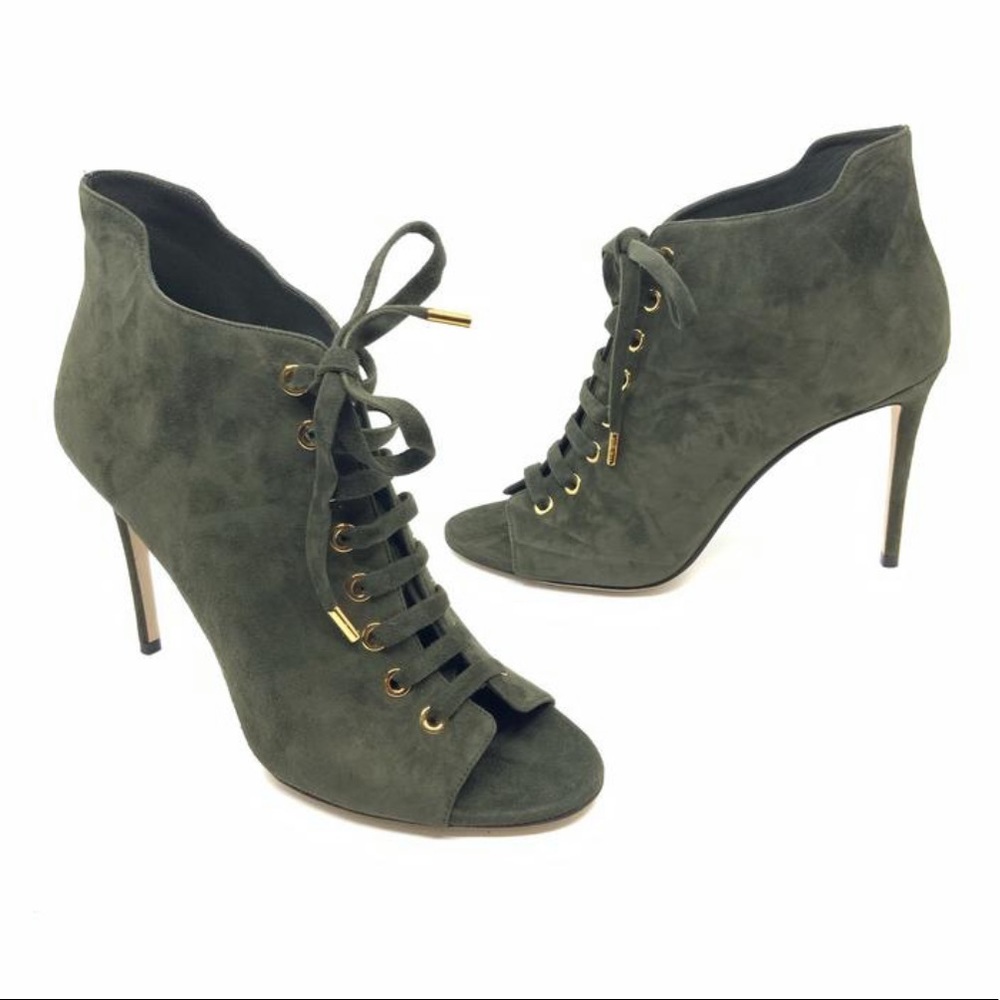 Jimmy Choo Army Green Mavy Suede Lace Up Peep Boot